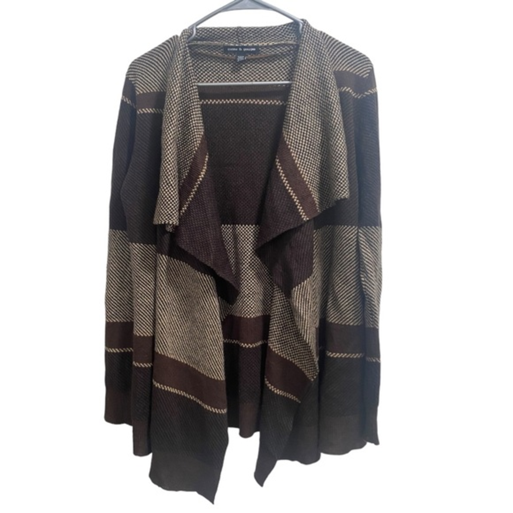 Cable‎ & Gauge Size Medium Draped Front Open Cardigan Sweater Brown Stripe